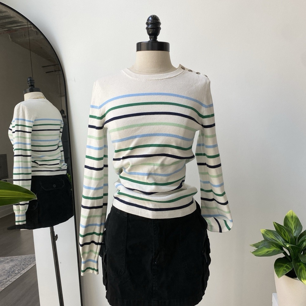 Loft White Green Blue Striped Tapered Long Sleeve Women's Size Small Nautical